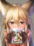  1girl animal_ears black_gloves black_hair blonde_hair blush brown_eyes commentary_request ezo_red_fox_(kemono_friends) fox_ears gloves hair_between_eyes holding jacket kemono_friends long_hair long_sleeves looking_at_viewer matokechi multicolored_hair solo 