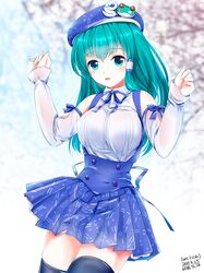  1girl :d alternate_costume aqua_eyes aqua_hair bare_shoulders beret black_legwear blue_bow blue_hat blue_ribbon blue_skirt blurry blurry_background bow breasts collared_shirt commentary_request dated day detached_sleeves eyebrows_visible_through_hair hair_tubes hands_up hat hat_ornament kochiya_sanae long_hair long_sleeves medium_breasts open_mouth outdoors petticoat pleated_skirt ribbon shirt signature skirt sleeveless sleeveless_shirt sleeves_past_wrists smile suspender_skirt suspenders tareme thigh-highs touhou tree w_arms white_shirt wing_collar yamaguchi_yuu zettai_ryouiki 