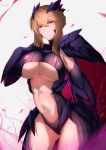  1girl artoria_pendragon_(all) artoria_pendragon_(lancer_alter) bangs blonde_hair breasts cape cowboy_shot fate/grand_order fate_(series) gauntlets gluteal_fold horns large_breasts light_smile looking_at_viewer navel parted_lips pauldrons saisarisu solo stomach under_boob yellow_eyes 