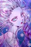  1girl blue_background blue_eyes claws colored_eyelashes eyebrows eyelashes facing_away final_fantasy final_fantasy_vi floating_hair forehead fur head_tilt lips long_hair looking_at_viewer monster_girl multicolored multicolored_skin open_mouth pink_skin purple_skin red_lips shaft_look snowflakes solo stechen tina_branford trance_tina_branford two-tone_skin upper_body 