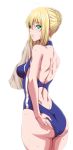  adjusting_clothes adjusting_swimsuit ahoge artoria_pendragon_(all) blonde_hair blue_swimsuit fate/stay_night fate_(series) green_eyes highres saber shiny shiny_hair simple_background solo standing swimsuit towel wet white_background zucchini 