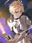  1boy armor blonde_hair breastplate excalibur_(fate/prototype) fate/grand_order fate/prototype fate/prototype:_fragments_of_blue_and_silver fate_(series) faulds gauntlets greaves green_eyes highres hood pauldrons saber_(fate/prototype) solo sword weapon yang-do 