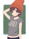  1girl arm_at_side arm_up beanie breasts brown_eyes brown_hair cosplay crossover denim expressionless hat honda_mio idolmaster idolmaster_cinderella_girls looking_at_viewer midriff mizuki_(pokemon_sm) mizuki_(pokemon_sm)_(cosplay) outside_border pokemon pokemon_(game) shirt short_hair simple_background small_breasts solo t-shirt unini_99 