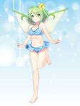  1girl arms_at_sides bangs bare_arms bare_legs barefoot bikini blue_bikini blush breasts chitetan cleavage commentary_request daiyousei eyebrows_visible_through_hair fairy_wings frilled_bikini frills full_body green_eyes green_hair hair_between_eyes jpeg_artifacts looking_at_viewer medium_breasts navel side_ponytail smile solo standing standing_on_one_leg swimsuit thigh_gap touhou wings 
