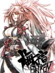  1girl amputee armor baiken black_kimono breasts cape character_name cleavage cowboy_shot eyepatch facial_mark facing_away forehead_mark guilty_gear guilty_gear_xrd hand_on_hilt high_ponytail japanese_armor japanese_clothes kamui_setsuna katana kimono kote large_breasts light_particles long_hair looking_at_viewer multicolored multicolored_clothes multicolored_kimono obi one-eyed open_clothes open_kimono open_mouth pink_eyes pink_hair popped_collar rope sash sheath sheathed shimenawa side_slit signature simple_background skull solo spiky_hair standing sword tassel tongue weapon white_background white_kimono 