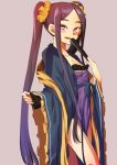  1girl :d benbe blush chinese_clothes fan fate/grand_order fate_(series) highres long_hair open_mouth purple_hair smile solo twintails violet_eyes wu_zetian_(fate/grand_order) 
