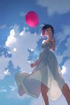  1girl backlighting balloon blue_sky breasts clouds cloudy_sky day dress foreshortening from_below hand_on_own_chest highres jandy looking_away original outdoors parted_lips purple_hair see-through_silhouette short_hair sky small_breasts solo sundress violet_eyes white_dress 
