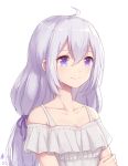  1girl ahoge babouo blush breasts cleavage closed_mouth collarbone dated eyebrows_visible_through_hair hair_ribbon large_breasts long_hair looking_away original purple_ribbon ribbon silver_hair smile solo upper_body 