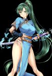 &gt;:o 1girl :o bangs bare_legs black_background black_gloves blue_dress blush breasts dress earrings elbow_gloves embarrassed fingerless_gloves fire_emblem fire_emblem:_rekka_no_ken gloves gorua_(youce01) green_eyes green_hair high_ponytail highres holding holding_sword holding_weapon jewelry large_breasts legs_apart light_particles long_hair looking_at_viewer lyndis_(fire_emblem) open_mouth panties pelvic_curtain ponytail sheath sheathed short_sleeves side-tie_panties simple_background solo standing sword thighs underwear very_long_hair visible_air weapon weapon_on_back 