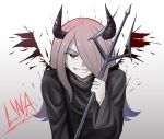  1girl black_wings bright_pupils copyright_name demon_girl demon_horns gradient gradient_background gradient_hair hair_over_one_eye half-closed_eye highres holding holding_weapon horns little_witch_academia long_hair long_sleeves looking_at_viewer multicolored_hair open_mouth orinpachu pale_skin pink_hair polearm purple_hair red_eyes robe sharp_teeth solo sucy_manbavaran teeth trident upper_body weapon white_background wings 
