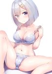  10s 1girl blue_eyes blush bra breasts cleavage eyes_visible_through_hair hair_ornament hair_over_one_eye hairclip hamakaze_(kantai_collection) henet_hene kantai_collection lace lace-trimmed_bra large_breasts looking_at_viewer navel panties short_hair silver_hair smile solo spread_legs underwear undressing white_background 