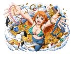  1girl :d arms_up bird blue_pants bodskih bracelet breasts brown_eyes chest cleavage collarbone earrings gem green_bikini_top groin holding_necklace jewelry large_breasts long_hair looking_up midriff nami_(one_piece) navel one_piece open_mouth orange_hair pants shiny shiny_skin smile solo standing stomach transparent_background 