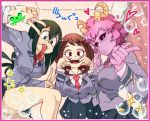  3girls ashido_mina asui_tsuyu black_sclera boku_no_hero_academia brown_eyes brown_hair bubble cheek_pull double_v finger_to_mouth frog green_eyes green_hair highres horns long_hair long_tongue low-tied_long_hair multiple_girls necktie o3o photo_booth pink_hair rtil school_uniform skirt smile sparkle spiky_hair star tongue tongue_out uraraka_ochako v yellow_eyes 