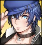  1girl adjusting_clothes adjusting_hat black_border blue_eyes blue_hair blue_hat border closed_mouth collar collarbone expressionless gakuran hair_between_eyes hand_on_headwear hand_up hat heart heart-shaped_pupils jewelry kunaboto lips pendant persona persona_4 school_uniform shirogane_naoto short_hair simple_background solo symbol-shaped_pupils upper_body yellow_background 