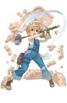  1girl :o aqua_eyes belt breaking brick brown_gloves denim dirty full_body gloves headband highres jan_stanton looking_at_viewer motion_blur official_art overalls pocket princess_principal princess_principal_game_of_mission shoes short_hair sledgehammer solo standing transparent_background 