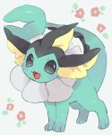  :3 :d blush fangs floral_background full_body grey_background grey_eyes hideko_(l33l3b) highres looking_at_viewer no_humans open_mouth pokemon pokemon_(creature) smile solo standing vaporeon 
