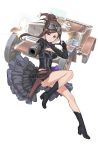  1girl black_footwear black_gloves black_skirt boots breasts brown_hair car cleavage dorothy_(princess_principal) frilled_skirt frills gloves goggles goggles_on_head ground_vehicle gun hair_bun highres holster looking_at_viewer motor_vehicle official_art princess_principal princess_principal_game_of_mission skirt solo violet_eyes weapon 