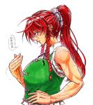  1girl bangs blue_eyes braid breasts hong_meiling koyubi_(littlefinger1988) large_breasts long_hair muscle muscular_female ponytail redhead scar shirt sleeves_rolled_up solo touhou twin_braids 