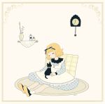  1girl artist_name ayu_(mog) blonde_hair carpet cat dress frame hair_ribbon on_floor pillow polka_dot polka_dot_dress ribbon sitting sleeping wall_clock 