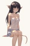  1girl animal_ears arms_at_sides artist_name bangs bare_arms bare_shoulders black_hair blunt_bangs blush breasts closed_eyes closed_mouth collarbone eyebrows_visible_through_hair highres invisible_chair long_hair medium_breasts miura-n315 simple_background sitting smile solo tail utawareru_mono utawareru_mono:_itsuwari_no_kamen yellow_background yuzuha_(utawareru_mono) 