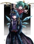  &gt;:( 2girls belt blue_eyes blue_hair chains chunk-san cirno clenched_hands closed_mouth coat cosplay cowboy_shot daiyousei fairy_wings fingerless_gloves gakuran gloves green_hair hands_in_pockets hands_up hat high_collar ice ice_wings jojo_no_kimyou_na_bouken kuujou_joutarou kuujou_joutarou_(cosplay) long_coat long_hair long_sleeves looking_at_viewer looking_to_the_side multiple_girls open_clothes open_coat open_mouth pants scarf school_uniform shirt short_hair side_ponytail stand_(jojo) standing star_platinum star_platinum_(cosplay) touhou wings 