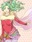  1girl :d bare_shoulders breasts cape cleavage collarbone covered_navel cowboy_shot detached_sleeves dress earrings eyebrows eyelashes facing_viewer final_fantasy final_fantasy_vi fingernails floating_hair floral_print gem green_hair hair_ornament high_ponytail jewelry legs_together lips long_hair long_sleeves looking_at_viewer medium_breasts open_mouth pamema pantyhose pink_lips polka_dot polka_dot_background purple_legwear red_dress short_dress sleeves_past_wrists smile solo strapless strapless_dress teeth tina_branford tongue violet_eyes wavy_hair 