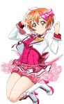  1girl artist_request bangs blush boots bow breasts character_name checkered clenched_hand closed_mouth earrings frills hair_between_eyes hair_bow high_heel_boots high_heels hoshizora_rin idol jacket jewelry jumping long_sleeves looking_at_viewer love_live! love_live!_school_idol_festival love_live!_school_idol_festival_after_school_activity love_live!_school_idol_project necktie official_art orange_hair short_hair small_breasts smile solo transparent_background w yellow_eyes 
