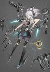  1girl aqua_eyes bangs between_fingers black_belt black_legwear blade bow braid breasts chains character_name closed_mouth clothes_writing dagger dress drone expressionless floating_hair full_body glowing green_bow grey_background grey_dress gun hair_between_eyes hair_bow hair_ribbon headgear highres holding holding_dagger holding_weapon izayoi_sakuya large_breasts leidami long_hair looking_away mecha_musume pale_skin pantyhose pocket_watch ribbon roman_numerals scabbard sheath shoe_blade short_dress silver_hair simple_background sleeveless sleeveless_dress solo touhou tress_ribbon twin_braids unsheathed watch weapon 