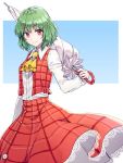  1girl akidzuki_haruhi ascot blush closed_umbrella collared_shirt cowboy_shot frilled_skirt frills green_hair kazami_yuuka long_sleeves looking_at_viewer parasol plaid plaid_skirt plaid_vest red_eyes shirt short_hair skirt skirt_set smile solo touhou umbrella vest white_shirt 