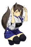  10s animal_ears brown_eyes brown_hair fukazaki japanese_clothes kaga_(kantai_collection) kantai_collection long_hair muneate side_ponytail squatting tail tasuki thigh-highs 