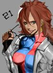  1girl absurdres android_21 black-framed_eyewear blue_eyes breasts brown_hair checkered checkered_dress curly_hair dragon_ball dragon_ball_fighterz dress earrings female glasses glasses_removed hair_between_eyes highres hoop_earrings jewelry labcoat lips long_hair medium_breasts nail_polish solo upper_body zelus 