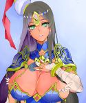  1girl arm_wrap azukiko bangs black_hair blue_armor blue_background bracelet breastplate breasts chains circlet cleavage dark_skin detached_collar eyelashes facial_mark fate/grand_order fate_(series) green_eyes hand_on_own_chest hat huge_breasts jewelry long_hair necklace parted_bangs parted_lips pauldrons pearl_necklace ring scheherazade_(fate/grand_order) slit_pupils solo 