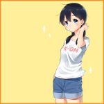  1girl black_hair blue_eyes coffeiz_p cowboy_shot denim denim_shorts hair_over_shoulder highres kitashirakawa_tamako long_hair looking_at_viewer shirt shorts simple_background solo sparkle t-shirt tamako_market twintails yellow_background 