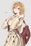  1girl artist_name bag blonde_hair breasts brown_eyes coat collarbone dated empew grey_background half-closed_eyes jewelry looking_at_viewer medium_breasts necklace no_bra open_clothes open_coat original parted_lips short_hair shoulder_bag simple_background smile solo tsurime unbuttoned 