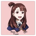 1girl 2017 :d blue_ribbon brown_eyes brown_hair character_name cropped_torso dated do_it_lara hair_ornament kagari_atsuko little_witch_academia long_hair looking_at_viewer neck_ribbon one_eye_closed open_mouth portrait ribbon shirt signature smile solo white_shirt 