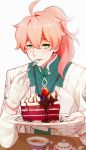  1boy blurry blush cake chocolate_syrup cup depth_of_field eating fate/grand_order fate_(series) food fork fruit gloves green_eyes holding holding_plate long_hair male_focus pink_hair plate ponytail red_velvet red_velvet_cake romani_akiman teacup white_gloves www_(1184187582) 