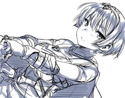  1girl belt blush cape circlet dutch_angle eyebrows_visible_through_hair gloves lolicept looking_at_viewer monochrome original short_hair sketch 