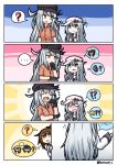  ! !? &gt;:) ... 10s 3girls 4koma ? ^_^ blue_eyes blush brown_eyes brown_hair closed_eyes comic commentary fingers_together flat_cap flying_sweatdrops folded_ponytail gangut_(kantai_collection) hat heart hibiki_(kantai_collection) hiding highres inazuma_(kantai_collection) kantai_collection laughing long_hair multiple_girls peaked_cap raythalosm remodel_(kantai_collection) scar_on_cheek school_uniform serafuku shirt silver_hair spoken_ellipsis spoken_exclamation_mark spoken_heart spoken_question_mark twitter_username verniy_(kantai_collection) wall 