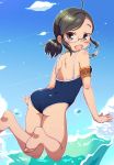  1girl armband ass barefoot black_eyes black_hair blue_sky blue_swimsuit clouds competition_school_swimsuit from_behind glasses gradient gradient_background hacomugi highres idolmaster idolmaster_cinderella_girls looking_at_viewer looking_back low_twintails open_mouth saejima_kiyomi school_swimsuit short_hair sky solo swimsuit twintails whistle 