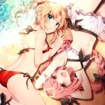  1boy 1girl :d armpits ass back bangs beach bikini bikini_skirt black_bow blonde_hair blurry bow braid breasts butt_crack cleavage depth_of_field eyebrows_visible_through_hair fang fate/apocrypha fate/grand_order fate_(series) flat_chest green_eyes hair_bow hair_intakes hair_ornament hair_scrunchie halter_top halterneck long_hair looking_at_viewer lying mordred_(swimsuit_rider)_(fate) navel ocean on_back on_stomach open_mouth parted_bangs parted_lips pink_eyes pink_hair ponytail red_bikini rider_of_black saber_of_red sakura_yuki_(clochette) sandals scrunchie side-tie_bikini sidelocks single_braid skirt smile swimsuit tareme thighs trap tsurime water white_bikini white_skirt 