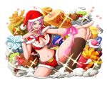  1girl belt blue_eyes bodskih boots bra breasts brown_footwear capelet cleavage food fur_trim hand_on_own_knee hat index_finger_raised jewelry_bonney large_breasts long_hair looking_at_viewer midriff navel neck_ribbon one_piece pink_hair red_bra red_hat red_ribbon red_shorts ribbon santa_costume santa_hat shiny shiny_skin short_shorts shorts solo stomach tongue tongue_out transparent_background underwear wrist_cuffs 
