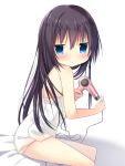  1girl :o bed_sheet black_hair blue_eyes blush commentary_request eyebrows_visible_through_hair from_side hair_between_eyes hair_dryer highres hisagi_(puchimaple) holding jitome long_hair looking_at_viewer looking_to_the_side naked_towel original parted_lips simple_background sitting solo towel unplugged very_long_hair wet wet_hair white_background white_towel 