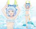  1girl :d armpits arms_up ball bangs bare_legs beachball bekotarou bikini blue_bikini blue_bow blue_eyes blue_hair bow bracelet cirno commentary_request dolphin eyebrows_visible_through_hair frilled_bikini frills hair_bow holding holding_ball ice ice_wings jewelry looking_at_viewer navel open_mouth polka_dot polka_dot_bikini sandals scrunchie short_hair smile standing standing_on_one_leg swimsuit tan touhou wings wrist_scrunchie zoom_layer 