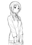  1girl bangs collared_shirt eyebrows_visible_through_hair greyscale hair_over_shoulder jacket long_hair long_sleeves low_twintails monochrome parted_lips seitokai_yakuindomo shirt simple_background sketch solo standing twintails uomi upper_body white_background yuki_arare 
