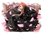  1girl ;) ahoge black_dress bodskih bracelet breasts choker cleavage collarbone dress from_above jewelry large_breasts long_dress looking_at_viewer nami_(one_piece) one_eye_closed one_piece orange_hair petals see-through short_hair skirt_hold smile solo standing transparent_background 