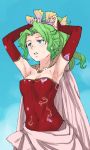  1girl armpits arms_up bare_shoulders blue_eyes blush breasts cape cleavage covered_navel day detached_sleeves dress eyebrows final_fantasy final_fantasy_vi fingernails green_hair hair_intakes hair_ornament high_ponytail jack_hamster long_hair long_sleeves parted_lips red_dress sleeves_past_wrists small_breasts solo strapless strapless_dress sweat tina_branford tying_hair wavy_hair white_cape 