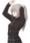  1girl aqua_eyes benbe breasts gray_(lord_el-melloi_ii) grey_hair highres jacket long_hair lord_el-melloi_ii_case_files ponytail simple_background skirt solo white_background 
