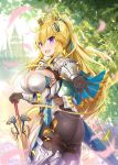  1girl armor ass bangs black_gloves black_legwear blonde_hair blurry breasts cleavage day depth_of_field eyebrows_visible_through_hair fantasy gloves greaves hair_between_eyes holding holding_sword holding_weapon large_breasts light_rays long_hair moeru!_arthur-ou_to_entaku_no_kishi_jiten moeru!_jiten official_art outdoors outstretched_arm pantyhose petals planted_sword planted_weapon ponytail sidelocks solo sunbeam sunlight sword vambraces very_long_hair violet_eyes weapon yaman 