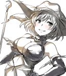  1girl alicia_asher breasts cleavage elbow_gloves gloves hand_on_hip hat kanpani_girls large_breasts lolicept looking_to_the_side monochrome navel skull smile solo staff wind witch_hat 