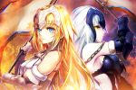  2girls back-to-back banner blonde_hair blue_eyes breasts eyebrows_visible_through_hair fate/grand_order fate_(series) fur_trim gauntlets holding holding_weapon jeanne_alter kaigo long_hair looking_at_viewer medium_breasts multiple_girls ruler_(fate/apocrypha) sideboob silver_hair smile standing upper_body very_long_hair weapon yellow_eyes 